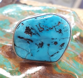 Bague En Turquoise D'Iran (Nishapur) Sertie - Taille 59, Argent 925 Plaqué Or, Pierre Naturelle